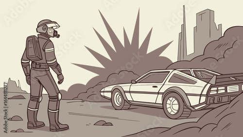 Astronaut facing explosion with futuristic car in a desolate landscape with city skyline far away