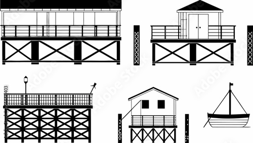 Illustration of several pier structures with buildings and a boat in black and white drawing style art silhouette