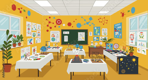 Brightly colored science classroom with tables displaying experiments, models, posters, and plants, creating an engaging learning environment.