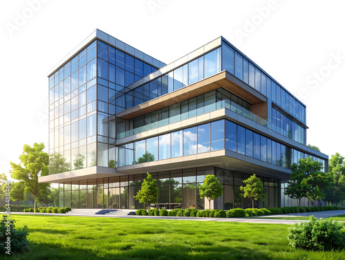  Modern Glass High-Rise with Reflective Facade and Lush Green Lawn, Front View Transparent PNG