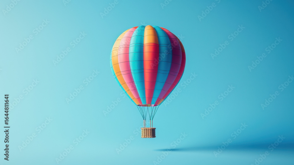 Fototapeta premium Colorful hot air balloon floating against a vibrant blue background with a subtle shadow