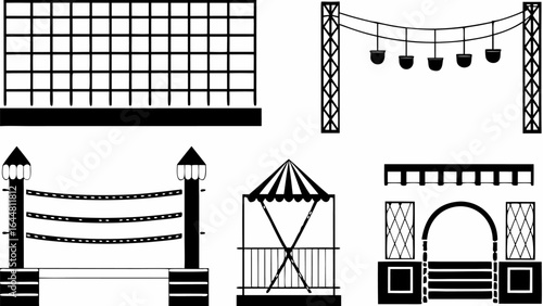 Illustration featuring a grid structure, stage lighting, rope bridge, tent, and arched entrance way silhouette