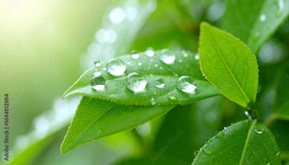 Fototapeta premium Macro Shot of Water Droplets on Vibrant Green Leaves