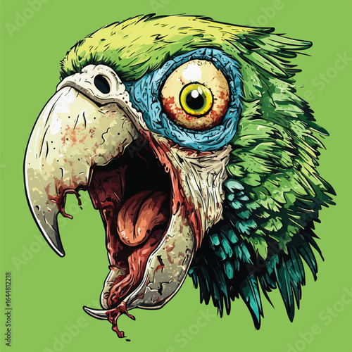 Quirky Green Parrot Head Illustration with Large Beak and Colorful Feathers. Tropical Bird Portrait.	