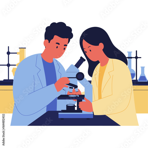 Two scientists in lab coats examining a microscope, conducting scientific research together.