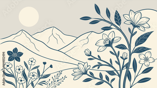 Floral landscape with mountains and sun in a minimalist style with dark blue outlines and light background