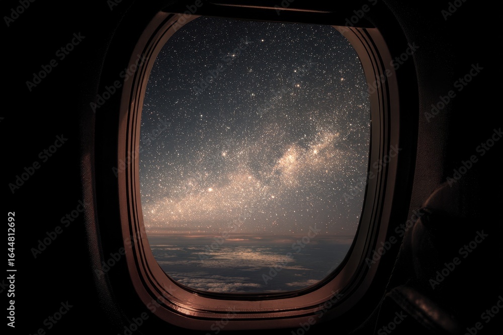 Fototapeta premium Airplane Window Night. Traveling at Night with a View of Stars and Milky Way