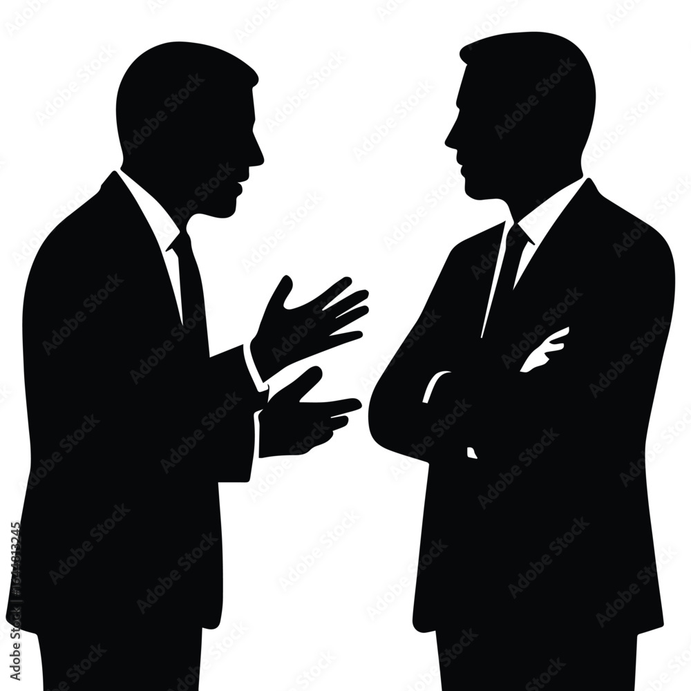 Fototapeta premium Two businessmen in silhouette engaged in a discussion isolated on white background