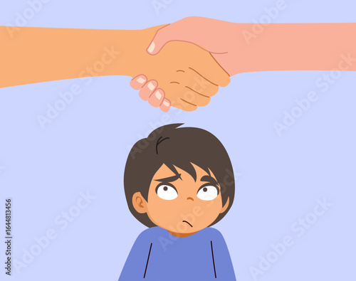 Baby boy witnessing two adults shaking hands cartoon illustration concept. Vector clip art for family agreement, child custody or divorce settlements