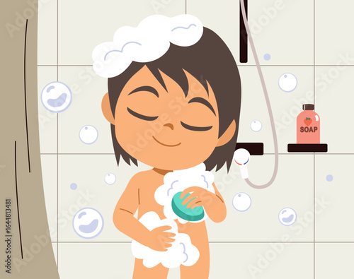 Cartoon vector of a baby boy taking a shower representing daily hygiene routines for toddlers and children. Illustration for parenting, bath time or childcare topics