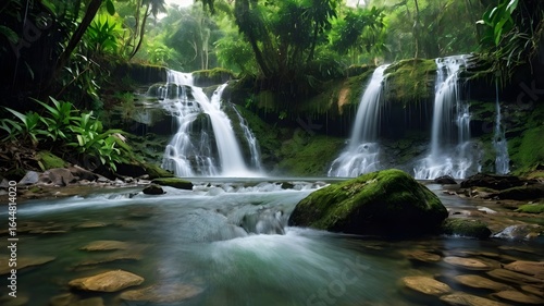Beautiful waterfall in lush green tropical forest with cascading water splashes during rainy season, serene nature landscape in dense rainforest paradise setting.