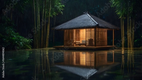 Serene bamboo hut glowing softly on a rainy night, minimalist rainy season illustration with shimmering water reflections, evoking peace and natural beauty.