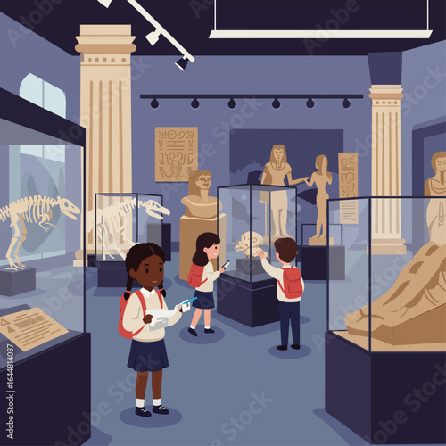 Children exploring a museum filled with historical artifacts and dinosaur skeletons.