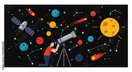 A person explores a colorful cartoon universe with a telescope, viewing planets, stars, and a satellite.