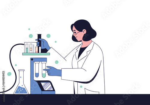 A female scientist meticulously operates laboratory equipment, focused on research. Clean, modern lab setting. Illustrative style.
