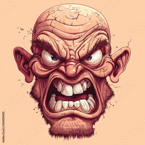 Aggressive Red-Faced Demon Head Illustration with Intense Expression and Spiked Teeth. Savage Monster Portrait.	