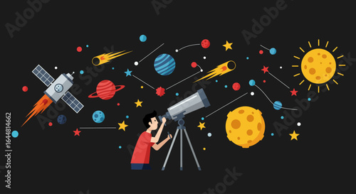 Boy gazes at the cosmos through a telescope, surrounded by planets, stars, and a rocket.