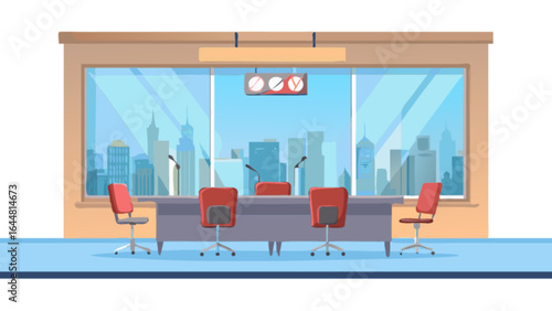 Illustration of a conference room with a large window and city view and red chairs around a table