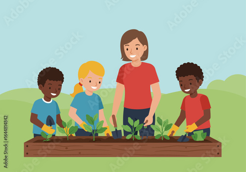 A teacher and a diverse group of children happily planting seedlings together in a raised garden bed outdoors.