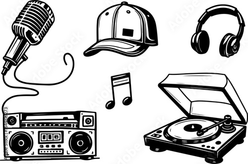 "Icons of Music Culture" microphone, baseball cap, boombox, headphones, vinyl record, turntable, music graphics vector