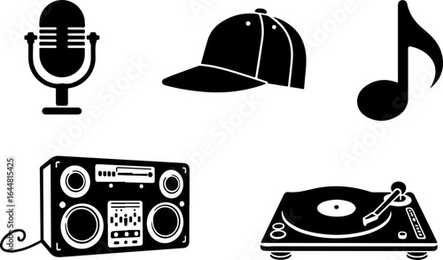 "Icons of Music Culture" microphone, baseball cap, boombox, headphones, vinyl record, turntable, music graphics vector
