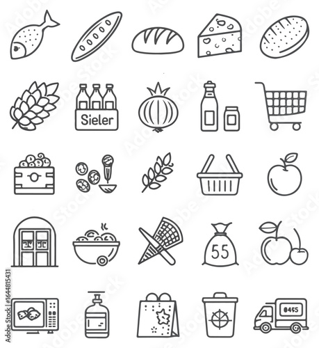 A collection of black-and-white line art icons featuring food items, grocery products, beverages, fresh produce, shopping carts, baskets, and store elements – perfect for menus, market branding, packa