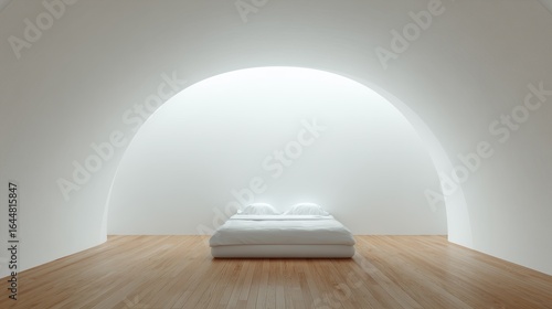 Modern minimalist bedroom featuring a cozy white bed, curved arch design, and natural wood flooring for a serene ambiance.