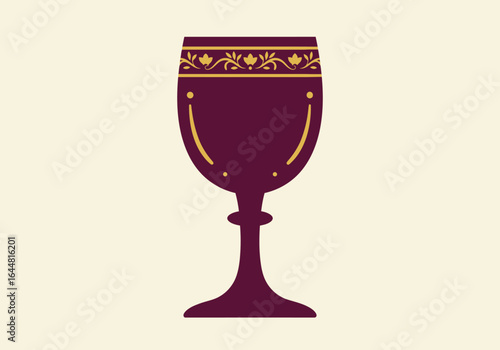 Elegant medieval goblet with ornate gold floral decoration. A royal purple chalice for wine, vector icon illustration for fantasy or banquets.