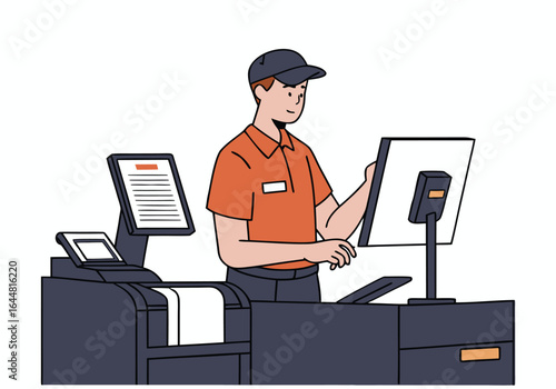 A professional man operates a digital printing station, focused on a computer screen. Clean, modern workspace with equipment. Suitable for business and technology themes.
