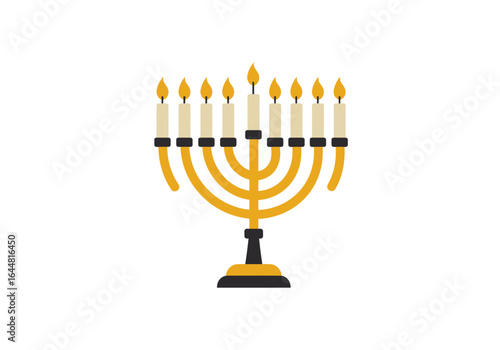 Golden Hanukkah menorah with nine lit candles. Vector icon for the Jewish Festival of Lights holiday celebration.