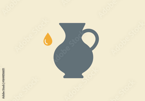 Simple flat vector illustration of an ancient grey pitcher or jug with a single golden drop of olive oil or honey.