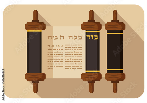 Ancient Jewish Torah scrolls with sacred Hebrew scripture, vector illustration set