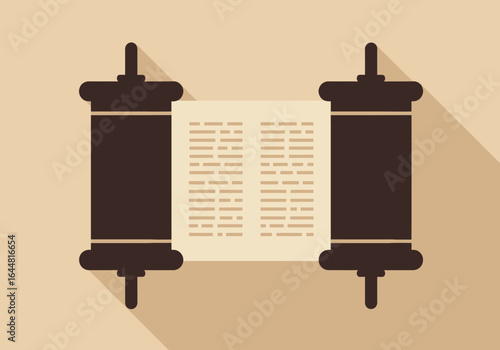 Flat Design Icon of an Ancient Scroll with Unrolled Text, Symbolizing Wisdom, History, and Knowledge. A Vintage Parchment Roll with Long Shadow.