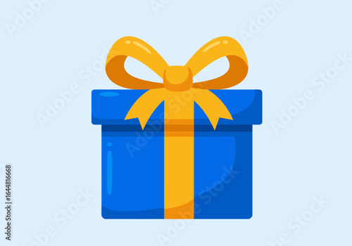 A vibrant blue gift box with a golden yellow ribbon and bow, an icon for celebration, holidays, and giving. Isolated vector illustration of a present.