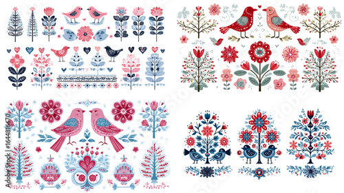 Colorful Scandinavian folk art pattern featuring birds, flowers, and trees in a symmetrical decorative layout, ideal for textiles, prints, and home decor.
