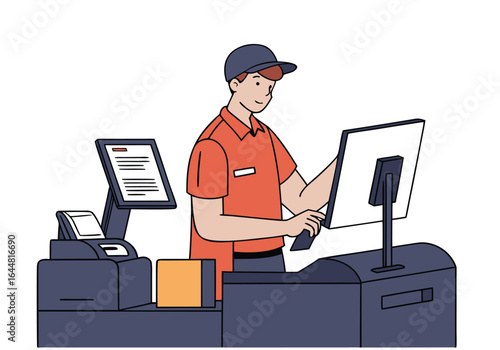 A professional man operates a digital printing station, focused on a computer screen. Clean, modern workspace with equipment. Suitable for business and technology themes.
