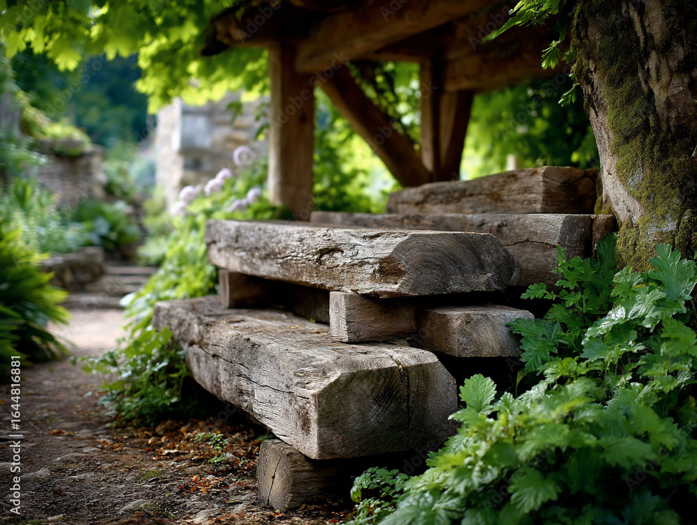 Obraz premium Rustic timber bench in verdant garden