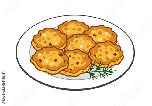 A plate of freshly fried golden potato pancakes, a traditional savory fritter dish, garnished with dill. Vector illustration isolated on white.