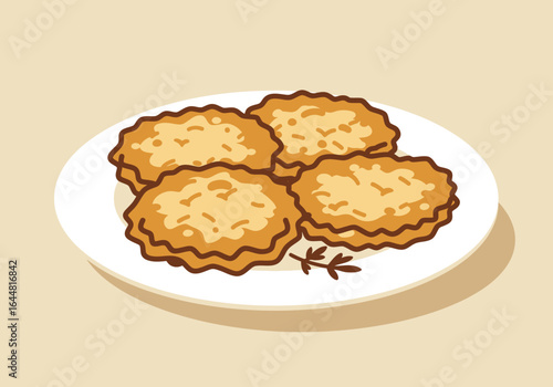 Simple flat vector illustration of four golden brown potato pancakes or vegetable fritters served fresh on a white plate.