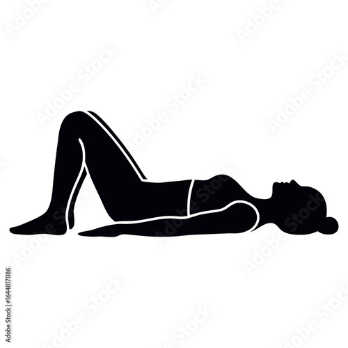 A black silhouette of a woman lying on her back with knees bent and feet flat on the floor, arms resting at her sides.