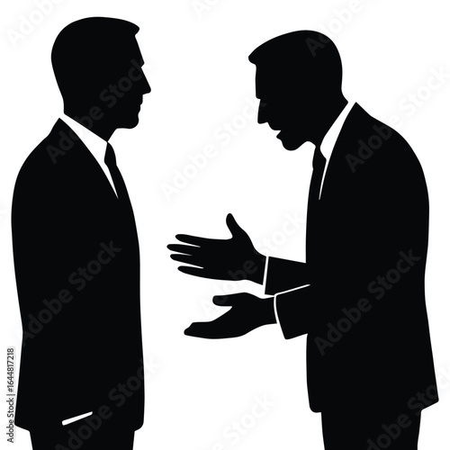 Two businessmen in silhouette arguing and gesturing intensely isolated on white background
