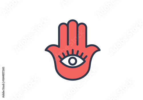 Stylized red Hamsa Hand of Fatima with an all-seeing eye. Ancient spiritual amulet for protection and good fortune, isolated vector icon.