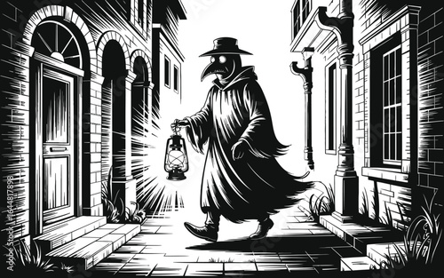 Plague doctor walking in dark street with lantern plague doctor, lantern, street, dark