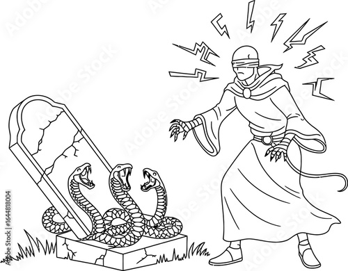 Blindfolded figure facing snakes near a tombstone graveyard