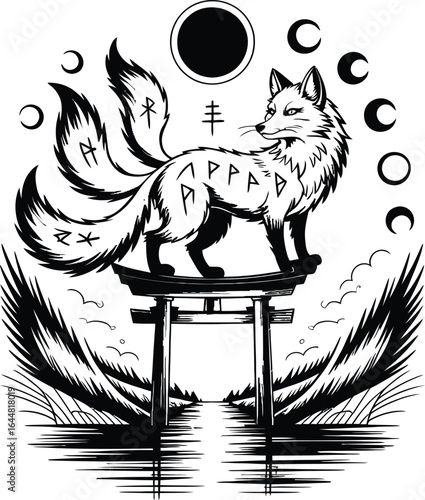 Nine tailed fox standing on torii gate with runes and moon phases