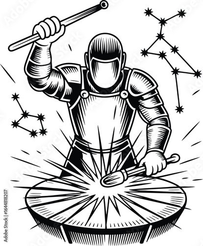 Welder in armor striking metal with constellations