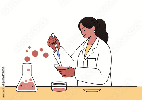 A female scientist prepares cells in a lab, using a pipette. She wears a lab coat and focuses on the petri dish. Modern, clean illustration.

