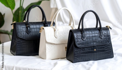 Three structured handbags in black and white crocodile-embossed leather, arranged on a white fabric surface