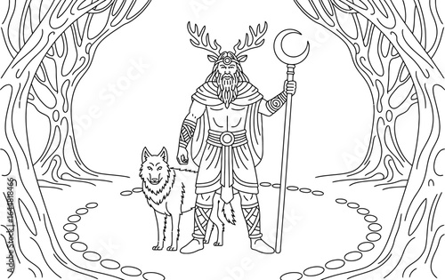 Pagan god with wolf and crescent moon staff antlers