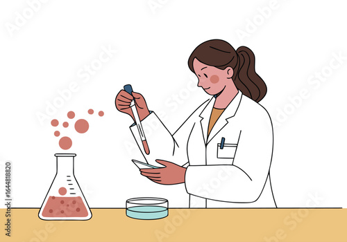 A female scientist prepares cells in a lab, using a pipette. She wears a lab coat and focuses on the petri dish. Modern, clean illustration.
